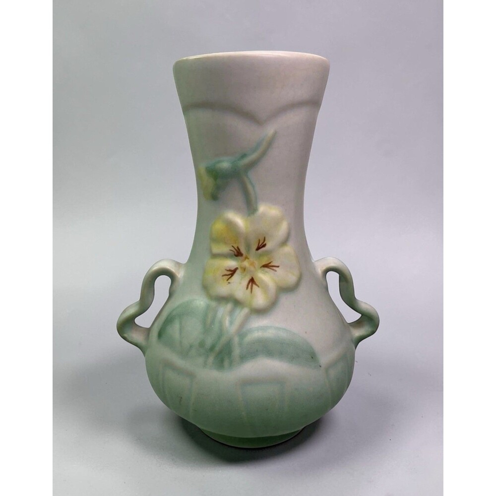 VTG Weller Panella Green Art Pottery Vase Double Handle Pansy 6.5” USA
